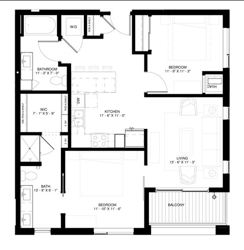 Floor plan for a 2 bedroom and 2 bath apartment unit